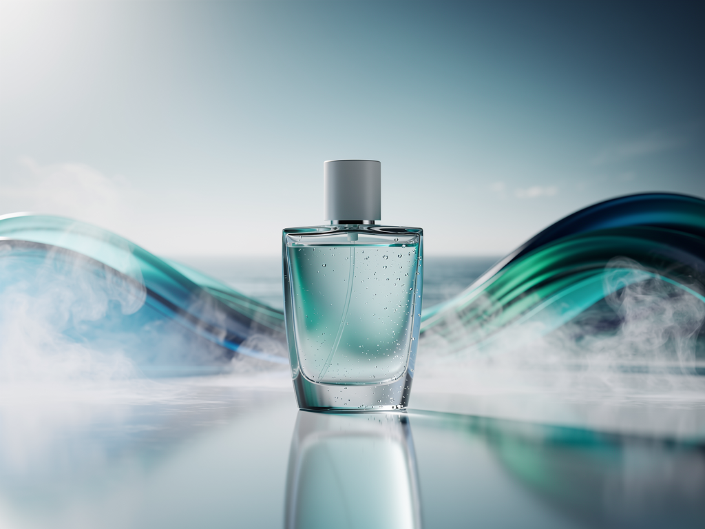 Aquatische Düfte Neu entdecken und die Frische des Meeres spüren Frisches Parfumfläschchen mit aquatischem Duft und Meereskulisse im Hintergrund