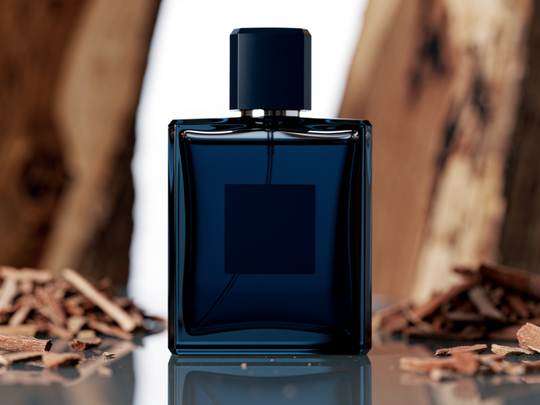 Flakon von Bleu de Chanel Eau de Parfum in holziger Duftfamilie nah am Spiegel