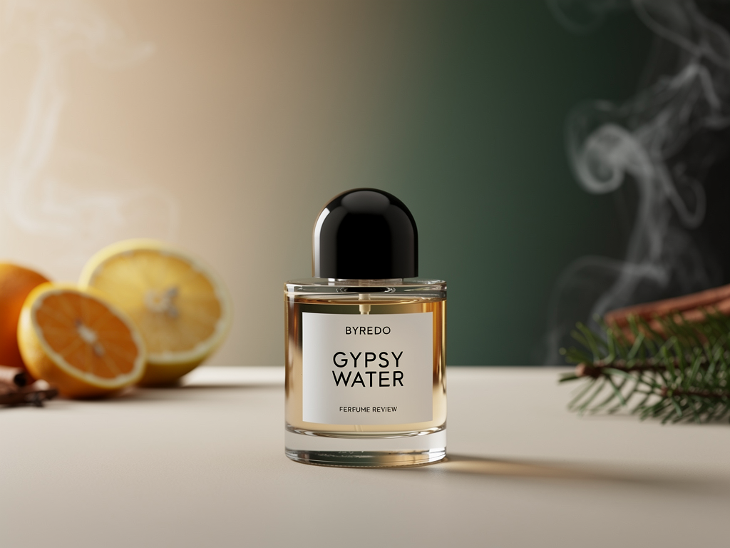Byredo Gypsy Water Bewertung und mein ehrliches Fazit zum Kultduft Flakon von Byredo Gypsy Water vor holzigem Hintergrund im Testbericht
