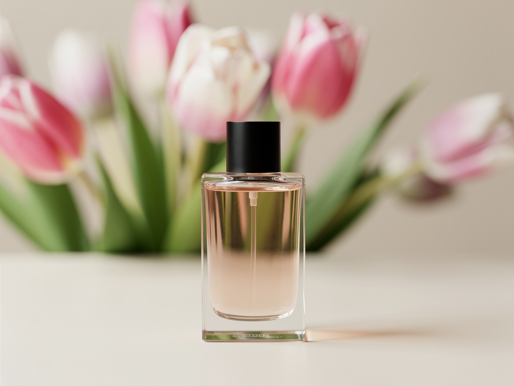Byredo La Tulipe Bewertung Ein blumiges Erlebnis für Frühlingsliebhaber Byredo La Tulipe Flakon umgeben von frischen Frühlingsblumen und Tulpen