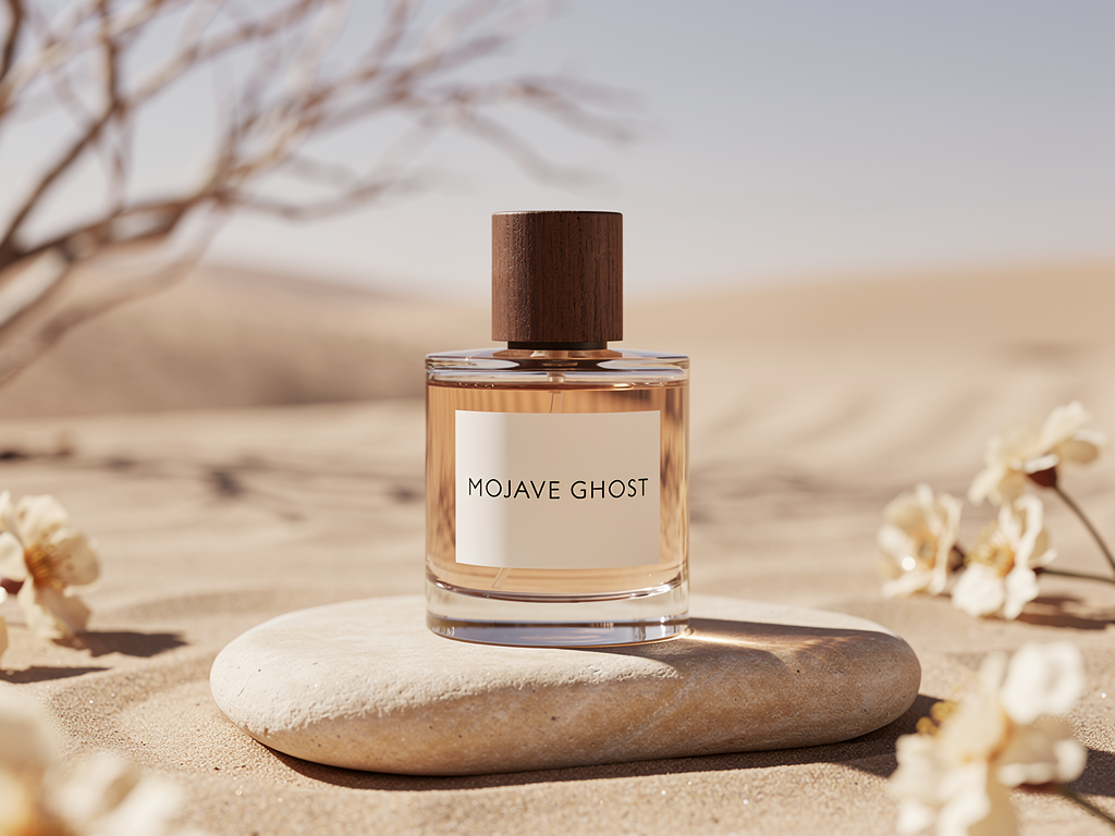 Byredo Mojave Ghost Test zeigt holzige Eleganz für warme Sommertage Byredo Mojave Ghost Flakon vor warmem, hellem Sommertag im Freien