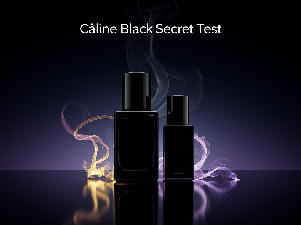 Câline Black Secret Test zeigt den geheimnisvollen Duft für die Nacht Câline Black Secret Parfümflasche elegant vor dunklem Hintergrund für Abendduft