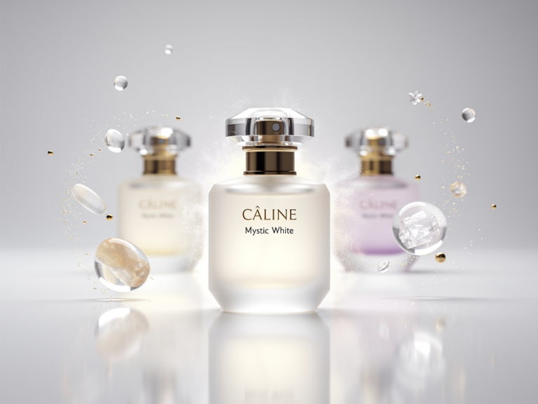 Câline Mystic White Flakon vor duftender Parfümtheke im Testbericht