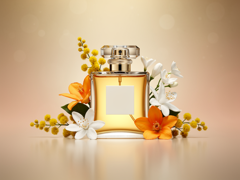 Flakon des Chanel Gabrielle Parfums vor blumigem Hintergrund sichtbar