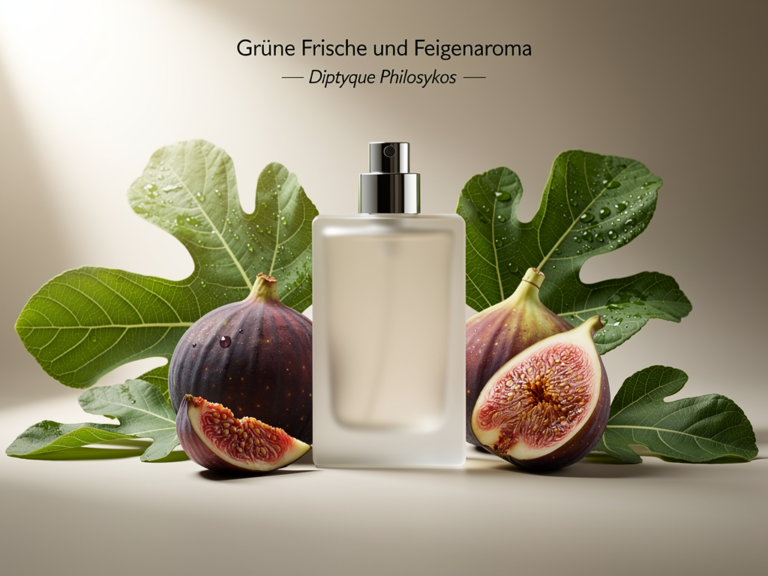 Flakon von Diptyque Philosykos umgeben von frischen Feigenblättern und Früchten