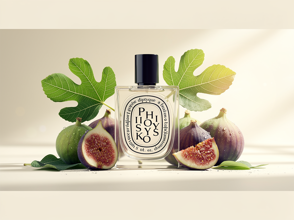 Warum Diptyque Philosykos Bewertung beweist, dass Feigenduft perfekt für Frühjahr ist Diptyque Philosykos Flakon mit grünen Feigenblättern im Frühjahr Hintergrund