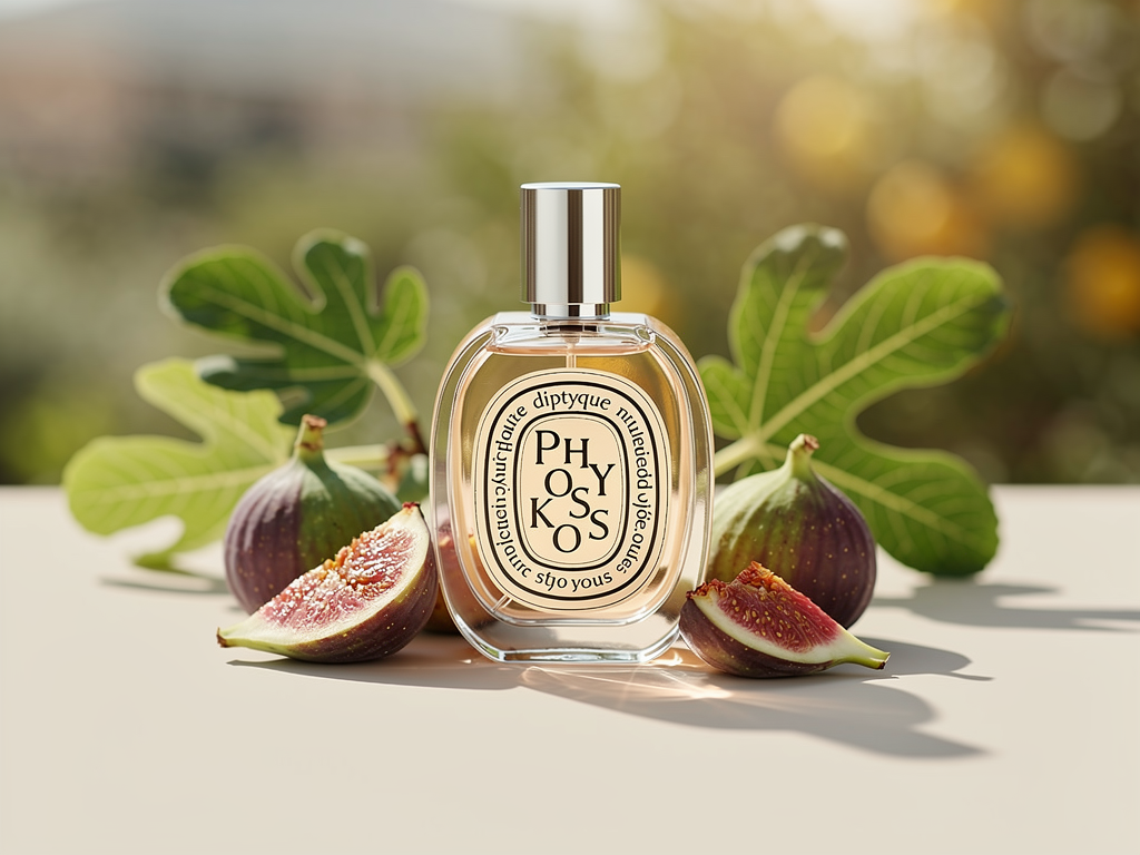 Natürliche Faszination Diptyque Philosykos im ausführlichen Dufttest entdecken Diptyque Philosykos Flakon mit natürlichen Feigenblättern in elegantem Ambiente