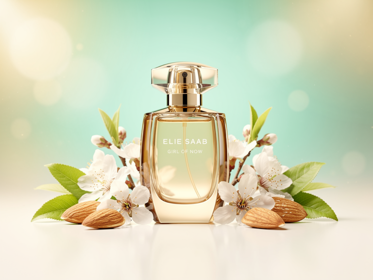 Elie Saab Girl of Now Flakon vor Frühlingsblumen mit mandeligen Gourmandnoten