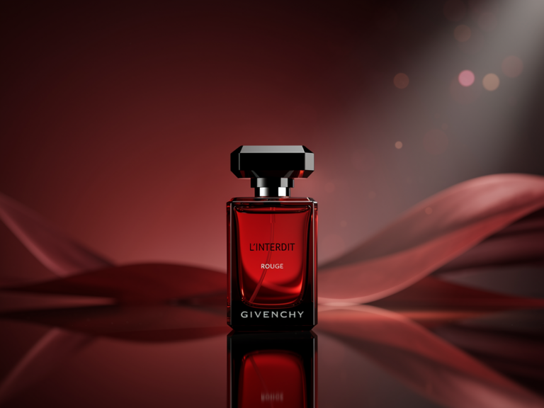 Givenchy L'Interdit Rouge Flakon vor rotem Hintergrund elegant inszeniert