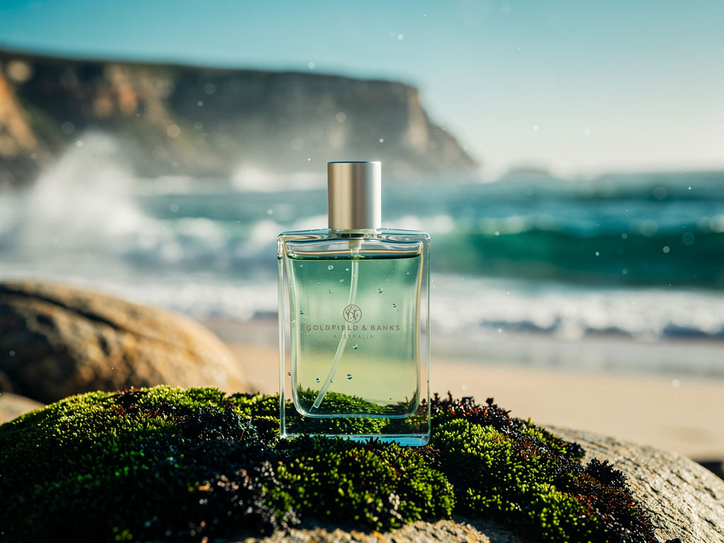 Pacific Rock Moss – Das maritime Nischenparfum von Goldfield & Banks Australia Goldfield & Banks Australia Pacific Rock Moss maritime Nischenparfum Flasche mit Meereskulisse