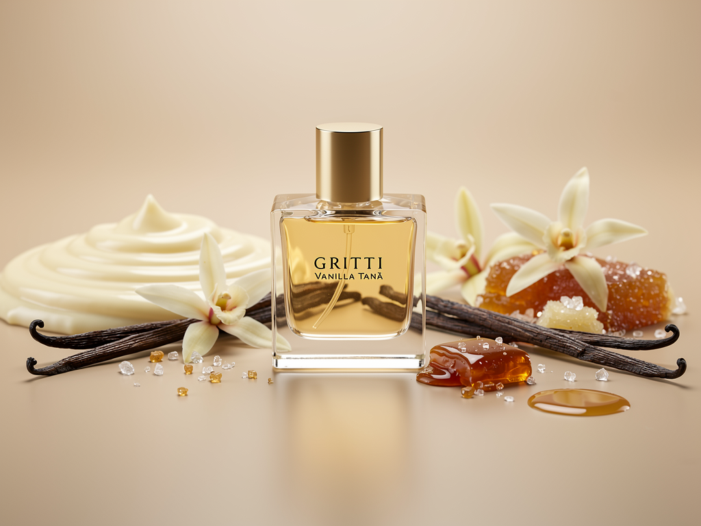 Gritti Vanilla Tanà Erfahrung: Mein ehrlicher Bericht zum Vanille-Gourmand Flakon von Gritti Vanilla Tanà umgeben von Vanilleschoten und warmem Licht