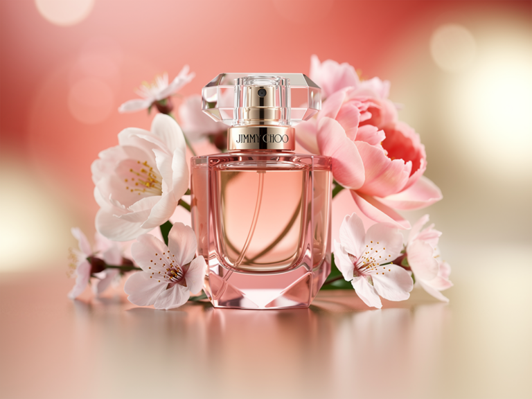 Jimmy Choo Blossom Duftflakon auf weißem Hintergrund für moderne Frauen