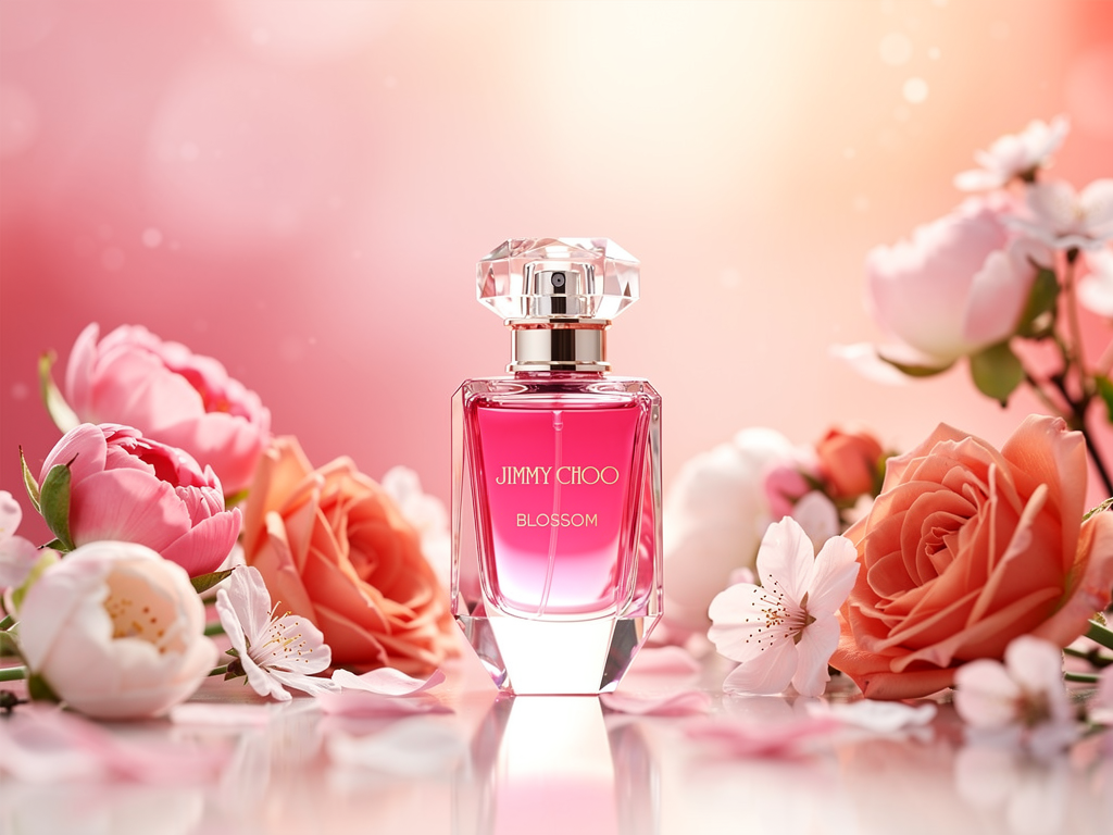 Jimmy Choo Blossom Test macht den Sommer mit frischen Noten blumig und weiblich Jimmy Choo Blossom Parfumflakon vor sommerlichem Hintergrund mit blumigen Noten
