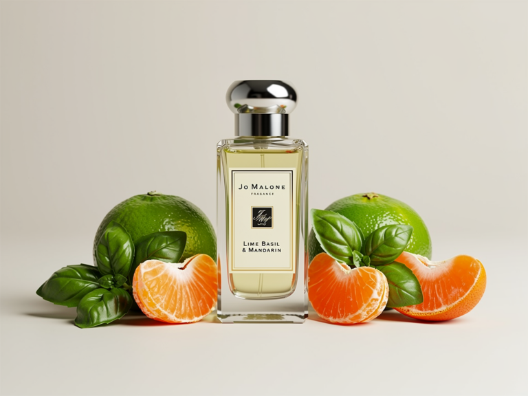 Jo Malone Lime Basil Mandarin Duftflasche vor frischen Limetten und Basilikumblättern