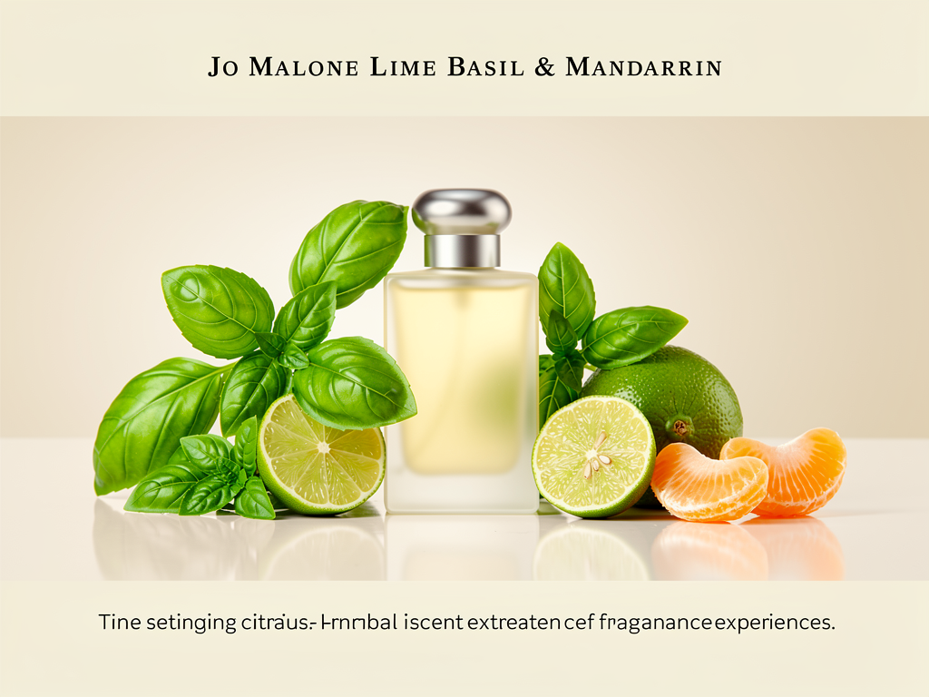 Jo Malone Lime Basil & Mandarin Erfahrungen mit dem belebenden Zitrus-Kräuterduft Jo Malone Lime Basil & Mandarin Flakon vor frischen Zitrusfrüchten und Basilikumblatt