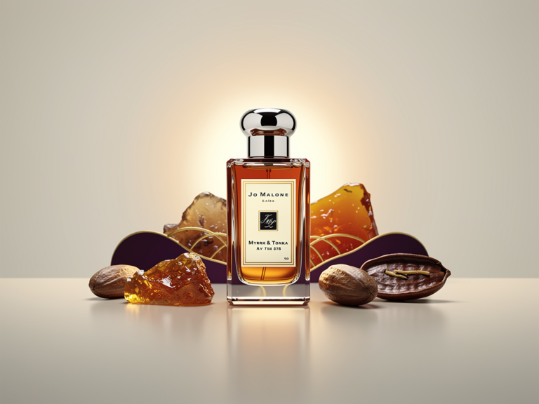 Jo Malone Myrrh & Tonka Flakon vor orientalischer Duftkulisse