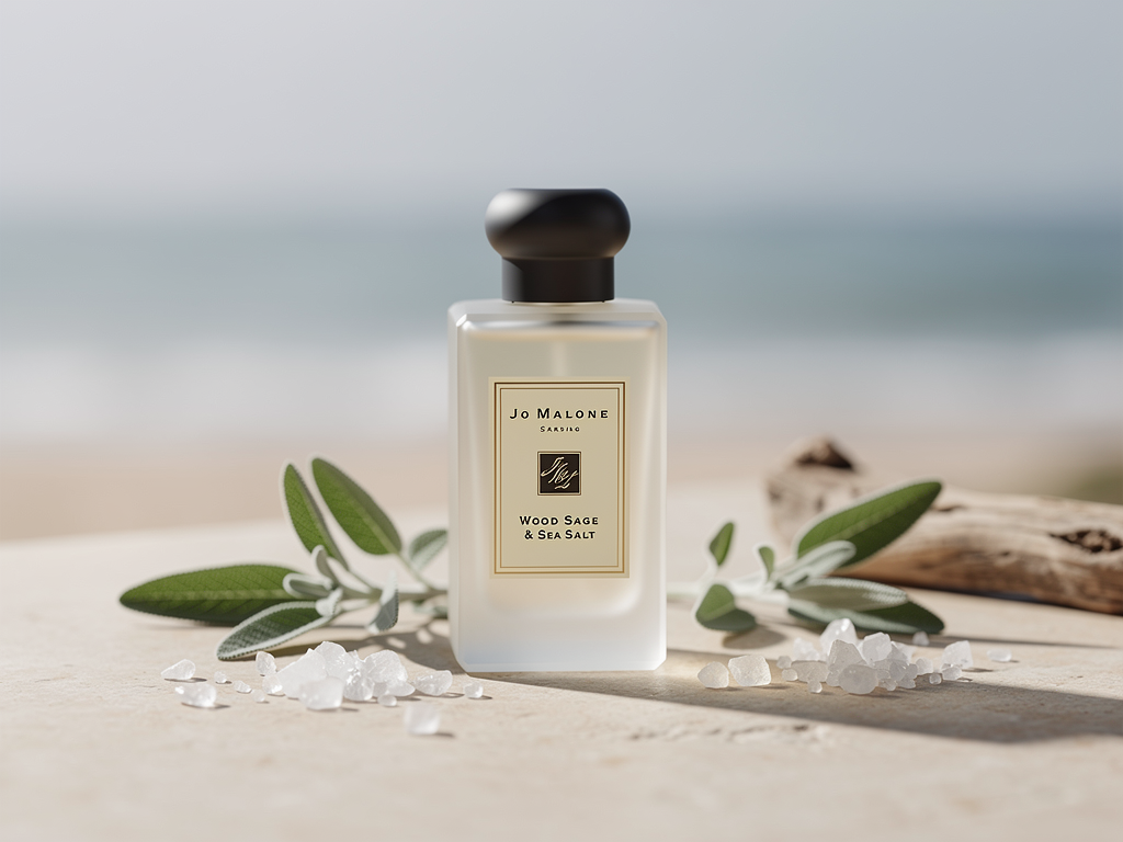 Natürliche Eleganz erleben mit Jo Malone Wood Sage Sea Salt Testbericht Jo Malone Wood Sage Sea Salt Parfumflakon vor Meereskulisse und Salbeizweigen
