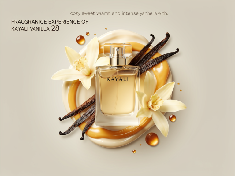 Kayali Vanilla 28 Flakon mit Vanilleblüten und Zutaten für Gourmand-Duft
