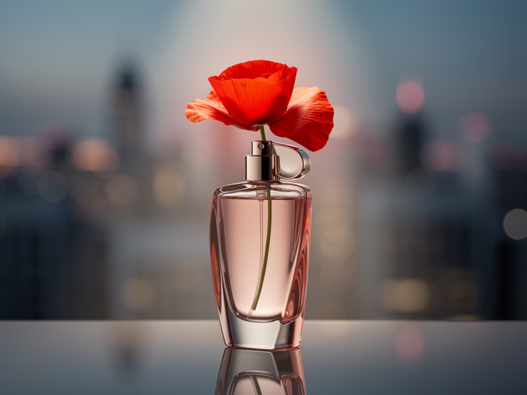 Kenzo Flower by Kenzo Eau de Parfum Flakon vor urbanem Hintergrund mit Mohnblumen