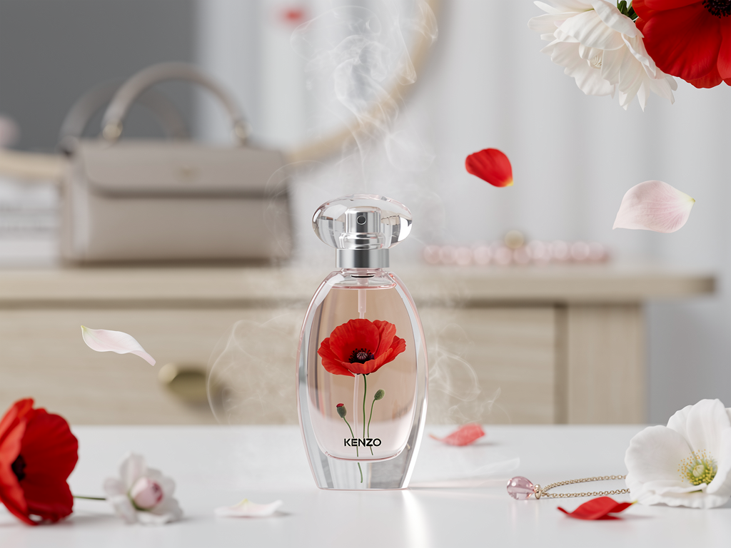 Kenzo Flower Test im Alltag – Duftkomposition und Haltbarkeit im Vergleich Kenzo Flower Parfumflakon mit blumigem Design und Alltagstest Hintergrund