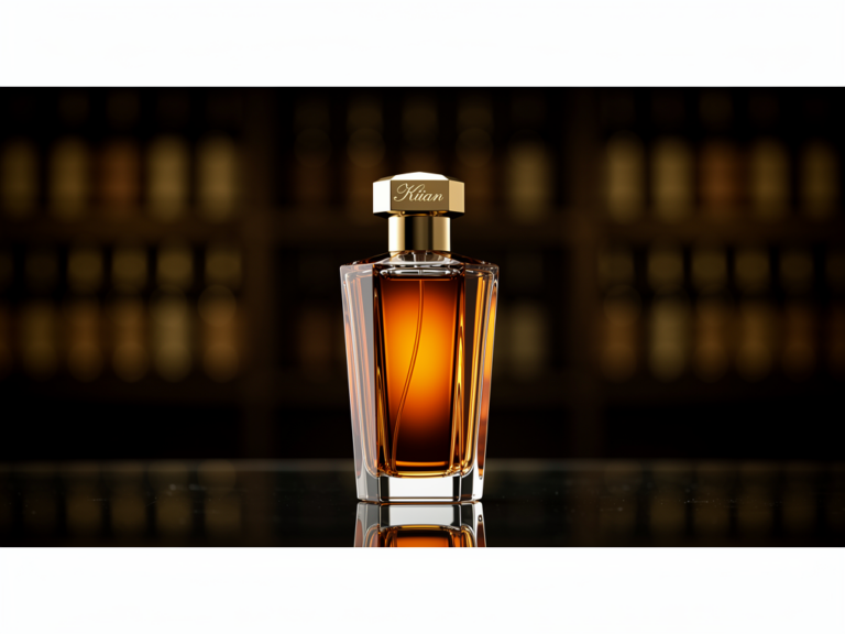 Flakon von Kilian Angels Share mit cognacartigem Luxusduft vor dunklem Hintergrund