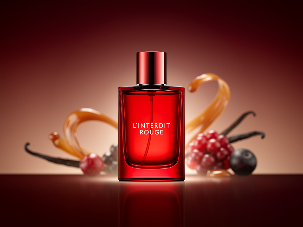 L’Interdit Rouge Test: So intensiv und verführerisch duftet das Parfum L'Interdit Rouge Flakon mit rotem Duftglas und sinnlicher Hintergrundstimmung
