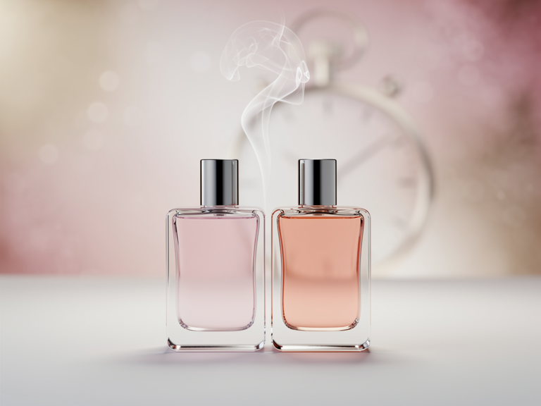 La Rive Cute Duftzwilling Flakon neben Rossmann Parfum mit Testergebnis zur Haltbarkeit