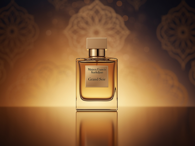 Maison Francis Kurkdjian Grand Soir Flakon vor orientalischem glamourösem Hintergrund