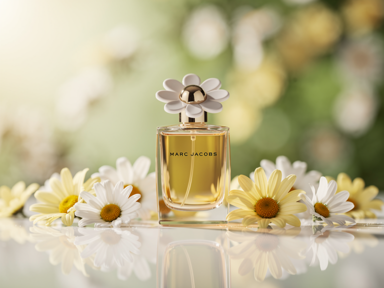 Marc Jacobs Daisy Flakon umgeben von Frühlingsblumen und frischer Natur