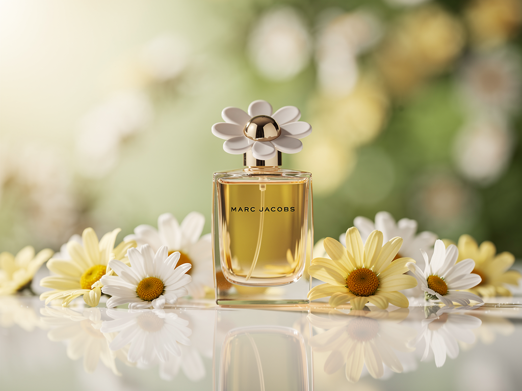 Marc Jacobs Daisy Test zeigt warum der Duft im Frühling verzaubert Marc Jacobs Daisy Flakon umgeben von Frühlingsblumen und frischer Natur