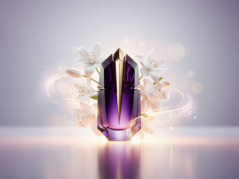 Mugler Alien Parfumflakon umgeben von blühenden Jasminblüten und Holznoten