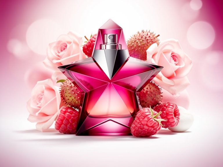 Mugler Angel Nova Flakon vor fruchtigen Himbeeren und zarten Rosenblüten