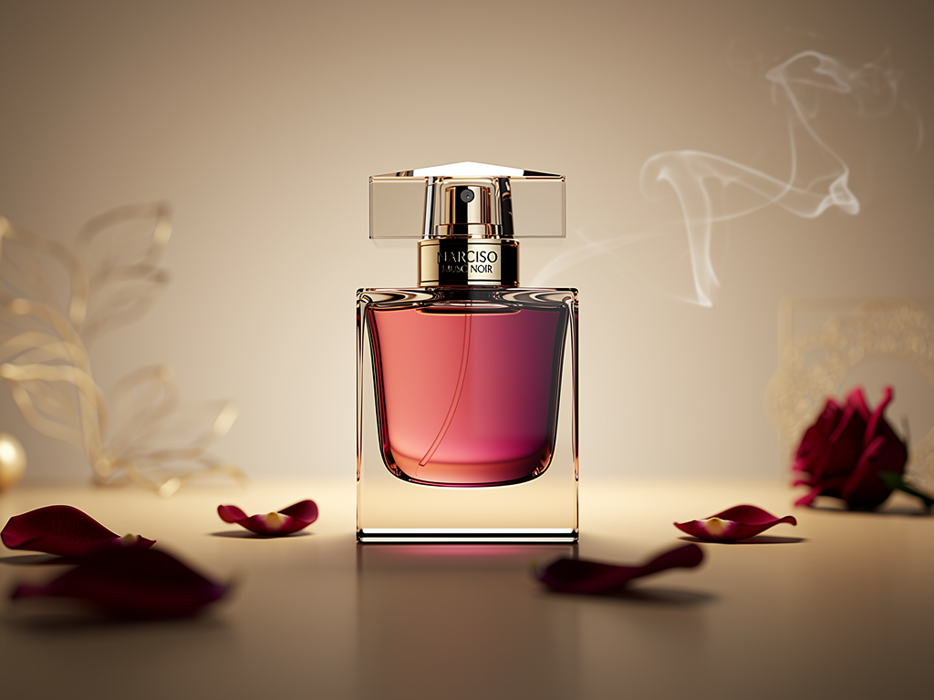 Narciso Musc Noir Rose Testbericht 2024: Eleganz und Tiefe im orientalischen Duftmix Narciso Musc Noir Rose Duftflakon vor orientalischem Hintergrund elegant inszeniert