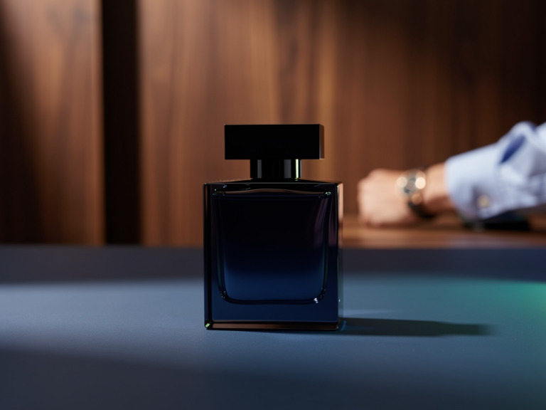 Flakon von Narciso Rodriguez Bleu Noir EDP vor holzigem Hintergrund
