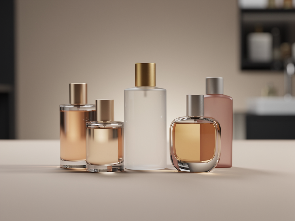 Parfümkollektion aufbauen minimalistisch für einen zeitlosen Duft-Look Minimalistische Parfümkollektion mit zeitlosen Flakons auf hellem Hintergrund