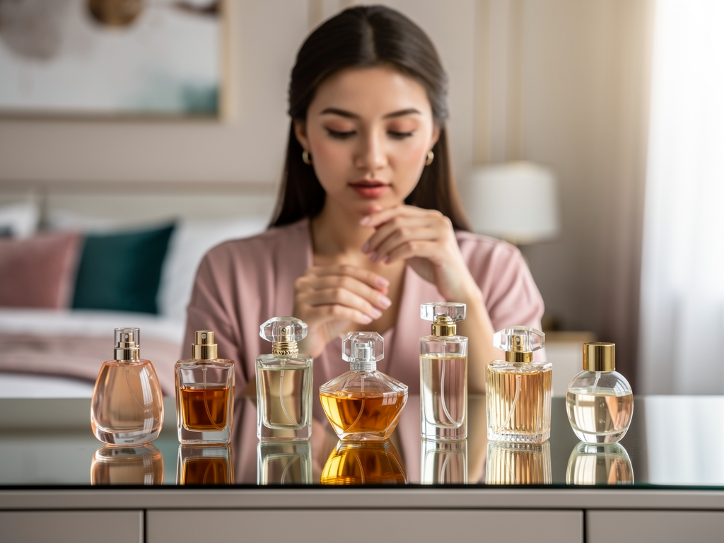 Parfum Fehlkäufe vermeiden mit einfachen Tipps für jede Duftliebhaberin Frau testet Parfumflakon vor Spiegel im eleganten Raum