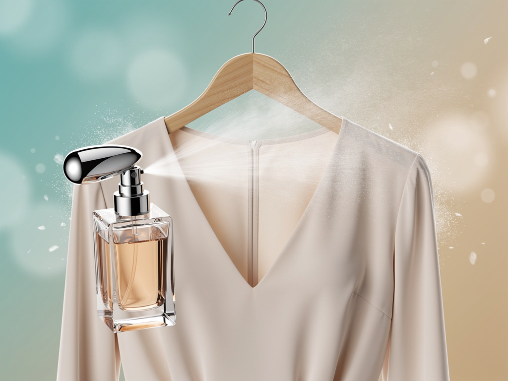 Parfum auf Kleidung sprühen – so gelingt der Duft ohne Flecken Flakon sprüht Parfum vorsichtig auf helle Kleidung ohne Flecken zu hinterlassen