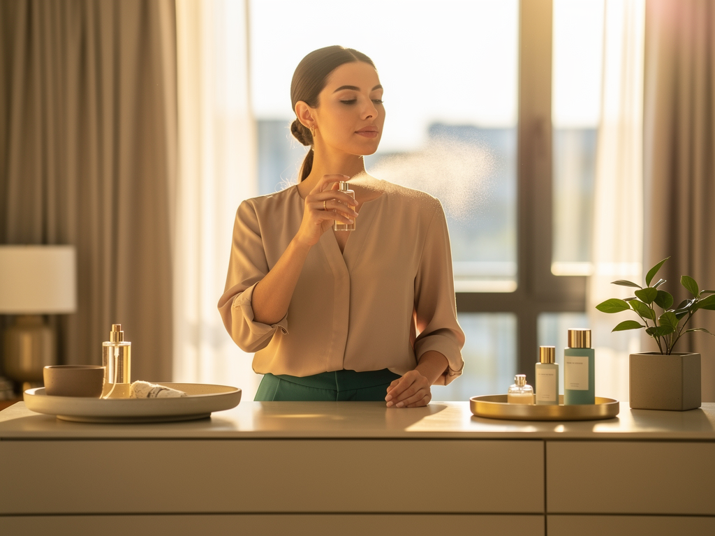 Wie eine gezielte Morgenroutine mit Parfum deinen Tag positiv prägt Frau trägt morgens Parfum auf als Teil ihrer Morgenroutine für positive Ausstrahlung
