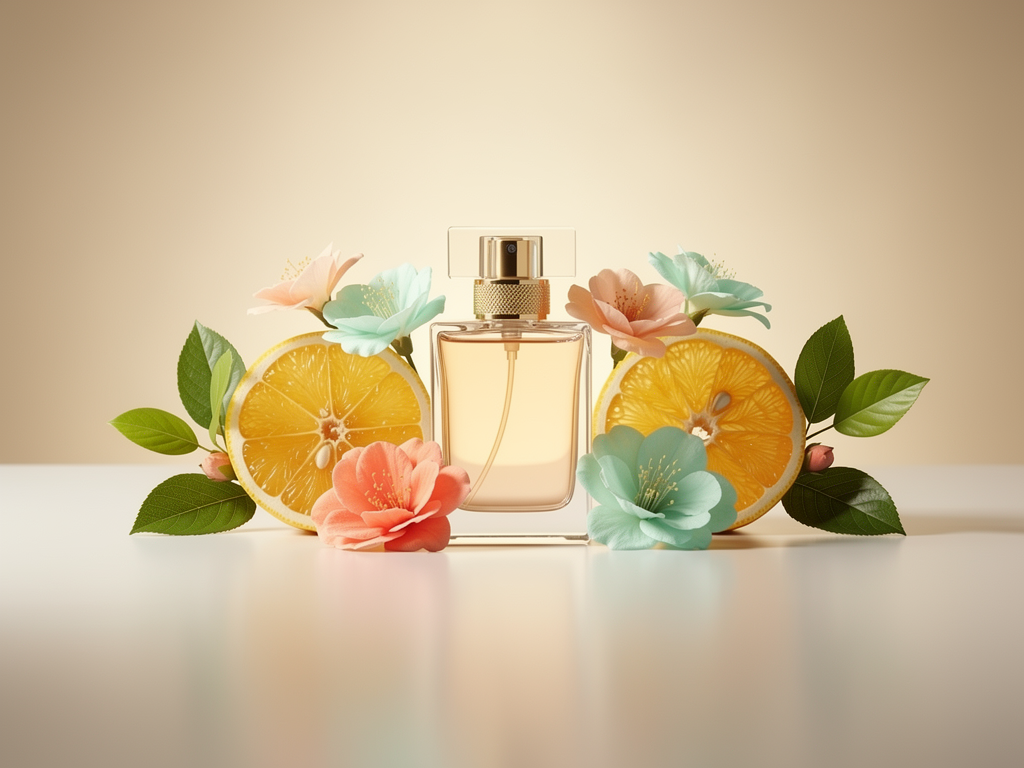 So findest du den perfekten Duft zum Parfum Sommer tragen und wohlfühlen Sommerliche Parfumflasche mit frischen blumigen Duftnoten auf hellem Hintergrund