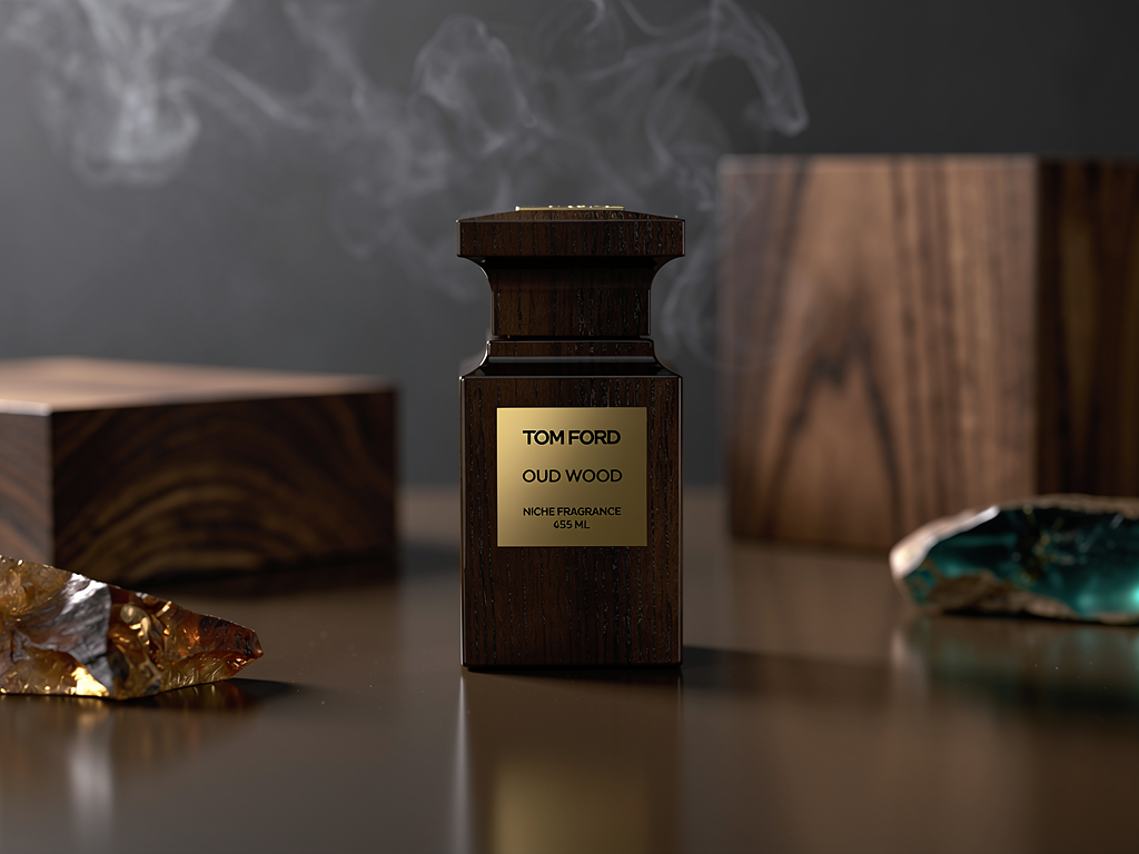 Tom Ford Oud Wood Test zeigt warum das holzige Nischenparfum begeistert Tom Ford Oud Wood Flakon vor holzigen Duftnoten und elegantem Hintergrund